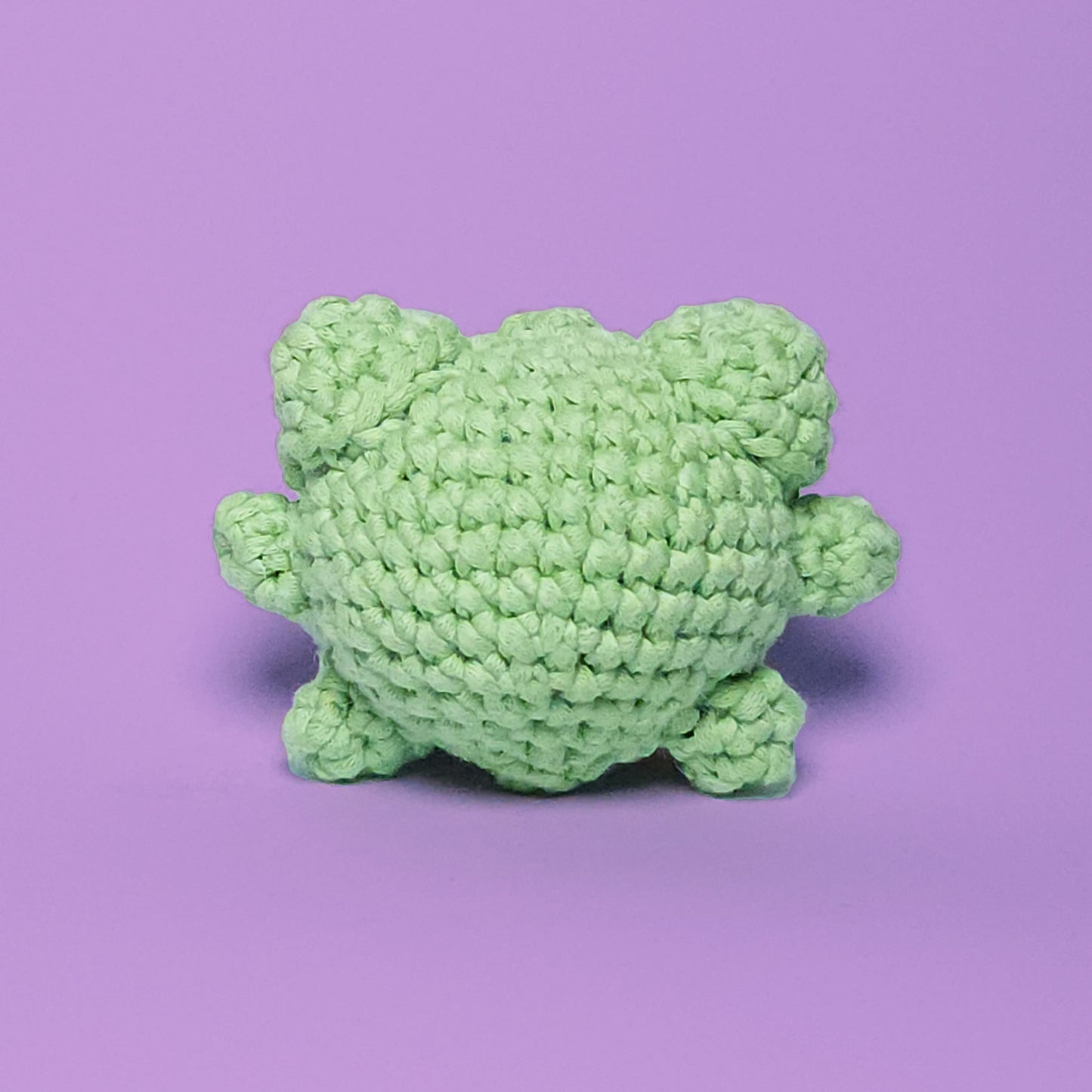 Cute green amigurumi frog, handcrafted from our beginner-friendly crochet kit. Ideal for beginners learning to crochet. Back view.