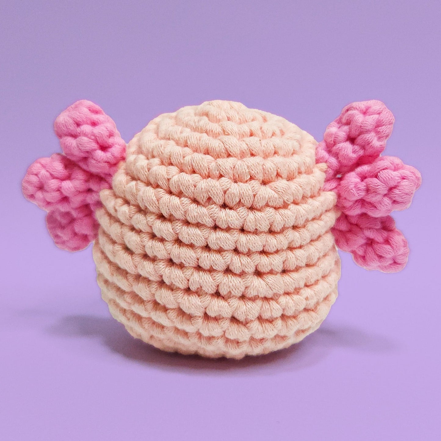 Pink axolotl crochet amigurumi, a charming creation perfect for axolotl enthusiasts. Handcrafted with care using our beginner friendly crochet kits. Back view.