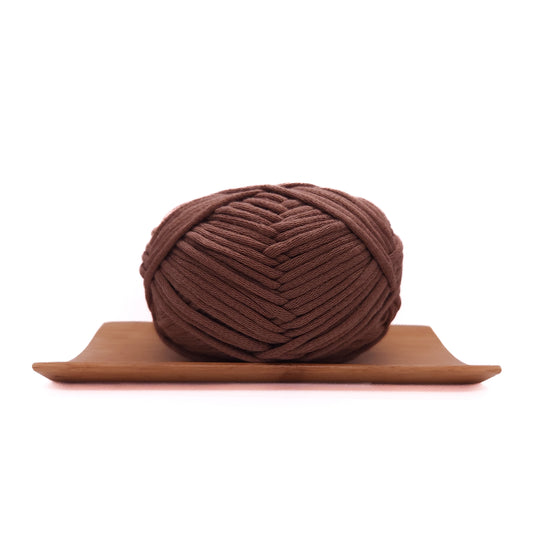 A skein of chocolate brown coloured yarn for crochet beginners.