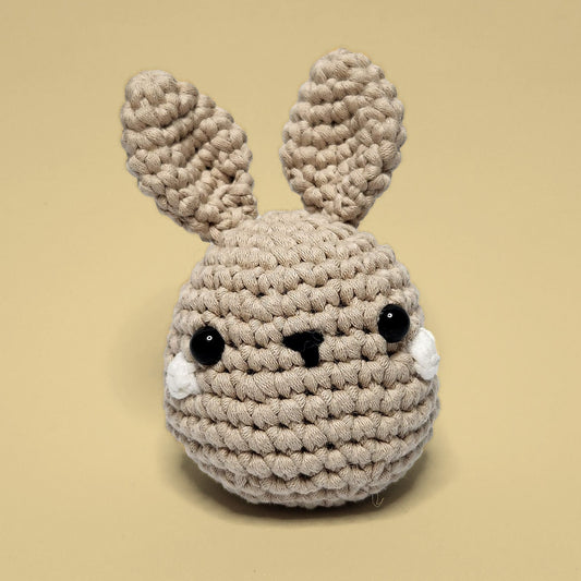 Brown bunny crochet amigurumi, a completed project from our beginner-friendly crochet kit. Handmade with our yarn, perfect for people who are looking to learn crocheting. Front view.