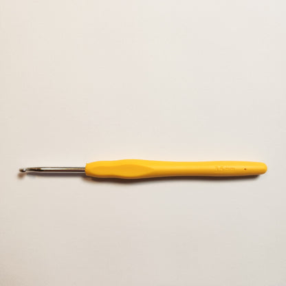 This is a 3.5mm crochet hook with a yellow silicon rubber wrapped around the handle.