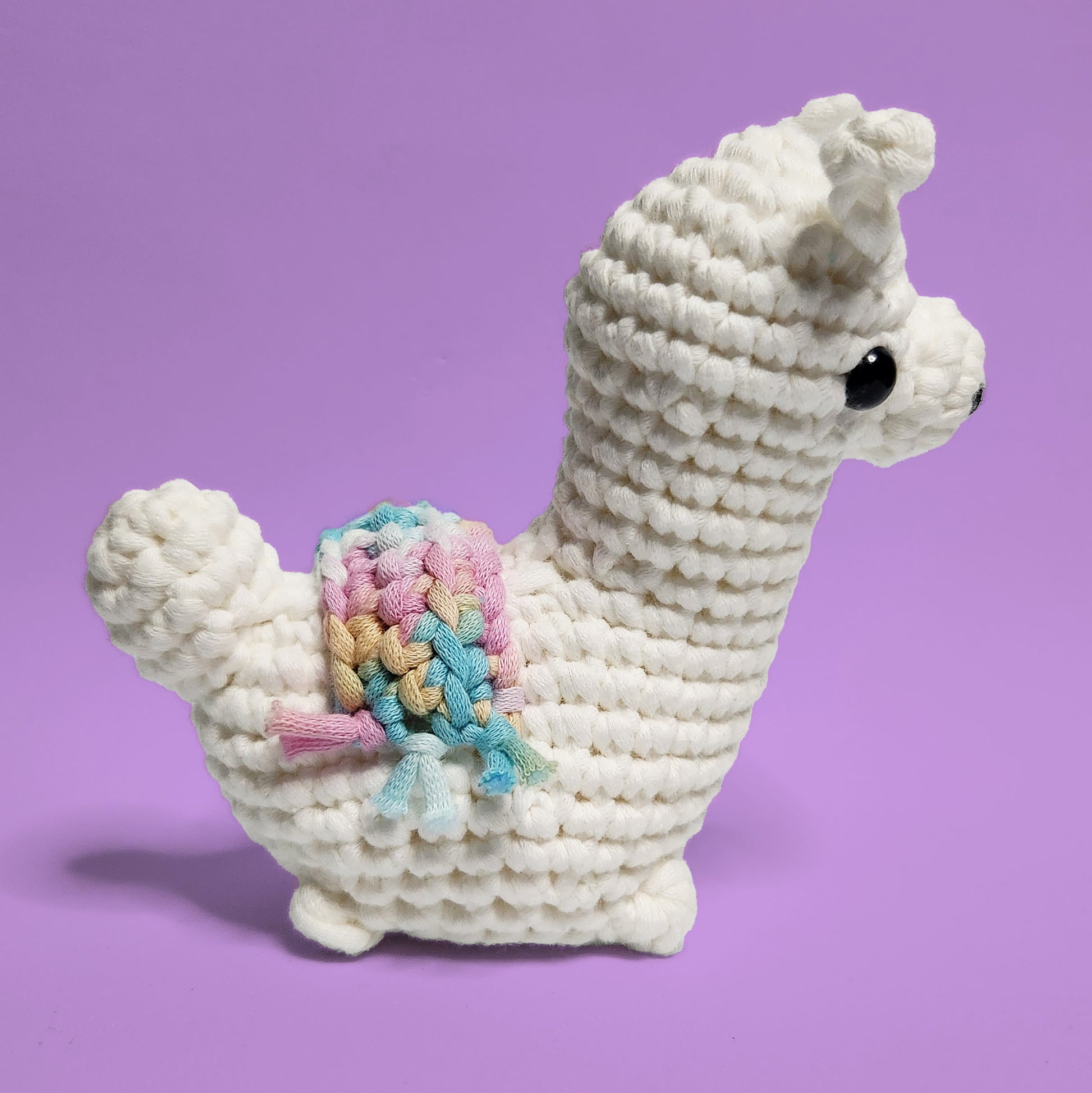 White alpaca crochet amigurumi with a rainbow yarn saddle, made from our beginner-friendly crochet kit. Handcrafted with love, this adorable alpaca is perfect for beginners and alpaca enthusiasts. Side view showcasing its charming design and colorful saddle.
