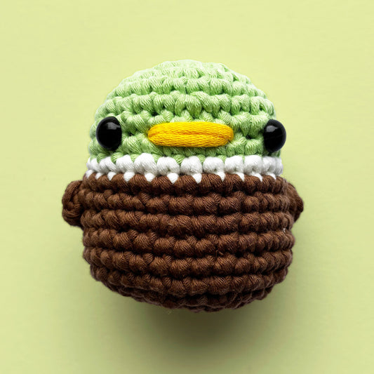 Louie the crochet duck, featuring vibrant green, white, and dark brown colors. Handcrafted from our beginner-friendly crochet kits, perfect for beginners and duck lovers. Front view.
